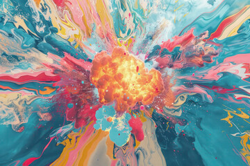 Obraz premium Artistic Interpretation of Atomic Bomb Explosion Using Abstract Art Techniques to Convey Chaos and Impact, Vibrant Colors Blending
