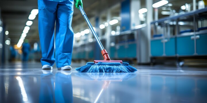 Cleaning staff mopping operating room floor in closeup shot. Concept Operating room cleaning, Hospital maintenance, Mopping procedure, Close-up shot, Sanitization process