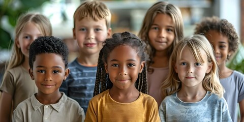 Fototapeta premium Artwork of a diverse group of fictional children from various backgrounds standing together. Concept Diversity, Fictional Characters, Children, Artwork, Unity