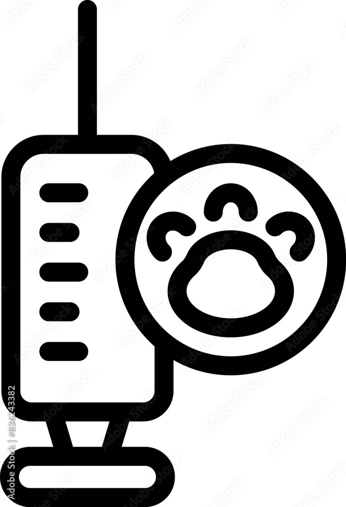 Wall mural Black and white icon depicting a veterinary syringe alongside a paw print, symbolizing animal healthcare - Wall murals