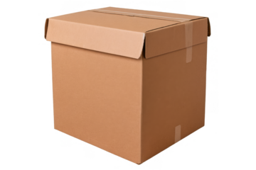 A standard closed cardboard box photographed in a png, transparent format against a white background for clear viewing
