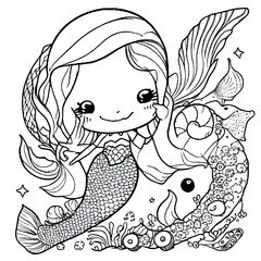 Obraz premium Hand-drawn cute mermaid with starfish and bubble coloring book illustration