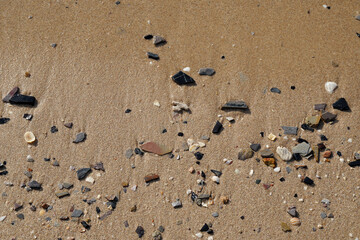 Abstract scene of brown sand beach and sea wave with stone texture background