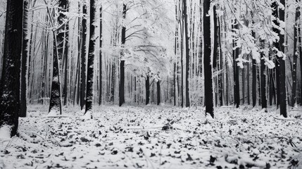 Monochrome winter forest with snow covered trees and fallen leaves
