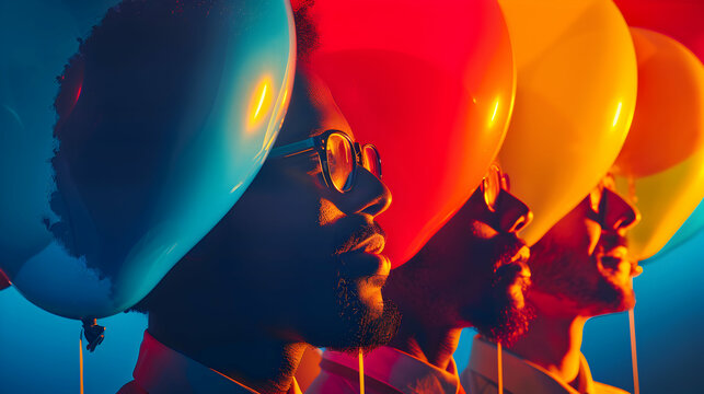 Photo realistic Team Leader with Party Balloons Symbolizing Leadership and Festivity at Corporate Thanks Party   Ideal for Business and Team Building Ads in Photo Stock Concept