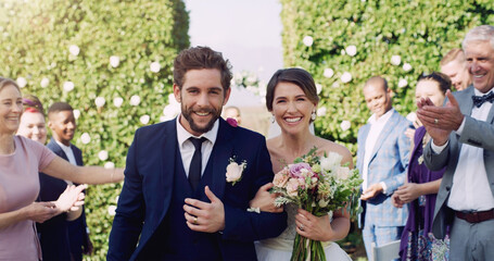 Wedding ceremony, love and couple in outdoor for marriage, commitment or celebration. Save the...