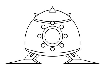 Cute cartoon spaceship. Funny UFO spaceship. Line illustration. Vector isolated on white background.