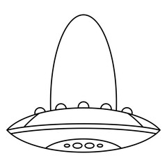 Cute cartoon spaceship. Funny UFO spaceship. Line illustration. Vector isolated on white background.