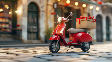 Fast delivery with electric scooter, online order. Realistic 3d creative concept marketing idea. Online service ordering of goods, fast food, grocery, with copy space area