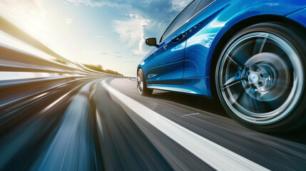 Rear view of blue Business car on high speed in turn. Blue car rushing along a high-speed highway, fast blur background	