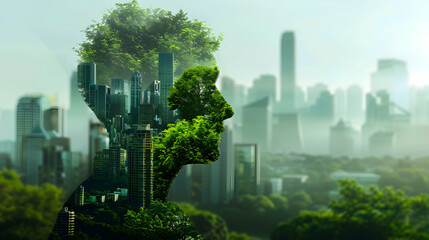 Photo realistic Urban planner concept with green infrastructure imagery, symbolizing sustainable urban development and combatting climate change. Ideal for environmental and urban 