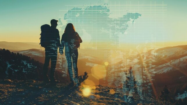 A couple standing on a mountain watching sunset with a digital map overlay, symbolizing adventure and exploration