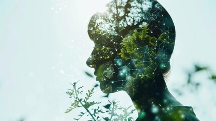 Double exposure of a woman's silhouette and nature, harmony, connection and mindfulness in tranquil serene environment