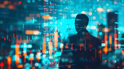 Silhouette of a person against a backdrop of digital data and colorful lights representing technology, data analysis and futuristic