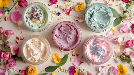 A flatlay of five jars of face masks on a light background, adorned with flower petals. Generative...