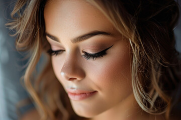 Fototapeta premium Beautiful woman with professional makeup. Female closed eye close-up. Eye makeup for eyebrows and eyelashes. 