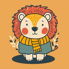 Fototapeta premium Adorable illustration of a cute cartoon lion with a cozy scarf on an orange background. Perfect for kids' room decor and greeting cards.