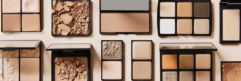 Poster a flat lay of various contouring and highlighting palettes, featuring a mix of warm tones, organized