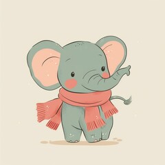 Obraz premium Cute cartoon baby elephant wearing a red scarf, standing on a beige background with a gentle expression