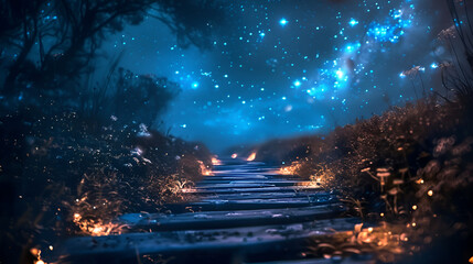 Magical fantasy fairy tale scenery, night in a forest A path in a beautiful forest with a fantasy fairy tale feel with wild animals, Generative AI