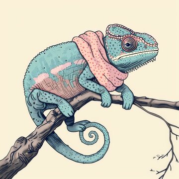 recommend clip art: A whimsical illustration of a chameleon wearing a scarf, perched on a branch, blending into its surroundings with a playful charm.