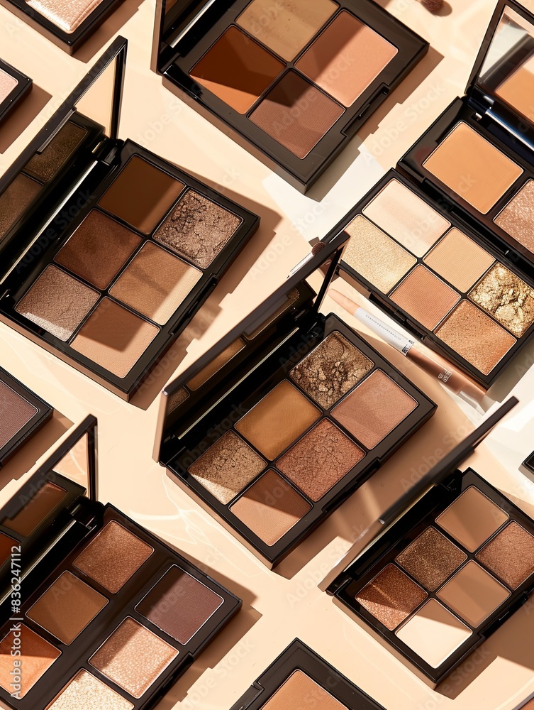 Poster multiple eyeshadow palettes arranged on a light background, featuring warm brown and gold tones. gen