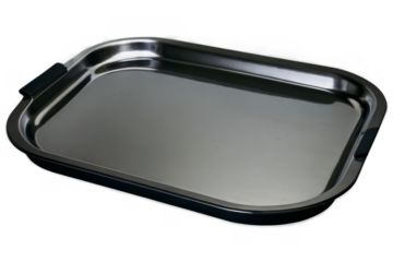 A stainless steel baking tray with black handles, showcased on a transparent, white background, in a high-resolution png image