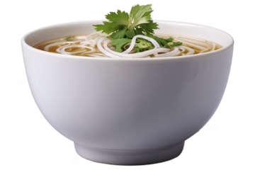Delicious Asian noodle soup in a white bowl, isolated with a transparent, white background, png format, perfect for menus or food apps