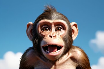 A monkey look with a smiling expression in the sky background.