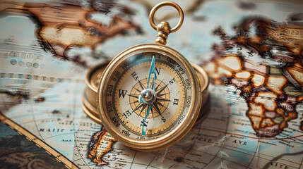 Magnetic compass and location marking with a pin on routes on world map. Adventure, discovery, navigation, communication, logistics  logistics, geography, transport and travel theme, Generative Ai