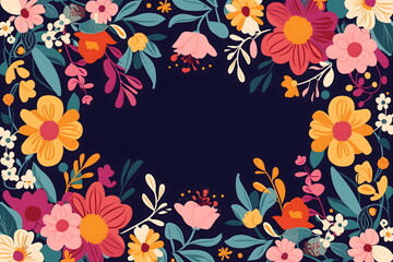 Mexican pattern, beautiful ethnic ornament. Frame made of colorful flowers. Floral abstract border on black background. Mexican traditional folk art pattern. Cinco de Mayo. Template with copy space fo