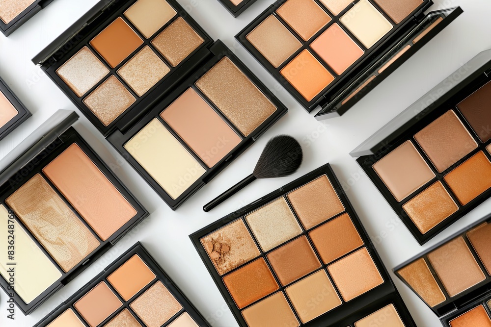 Poster a close-up shot of various contouring and highlighting palettes arranged on a white background. the 