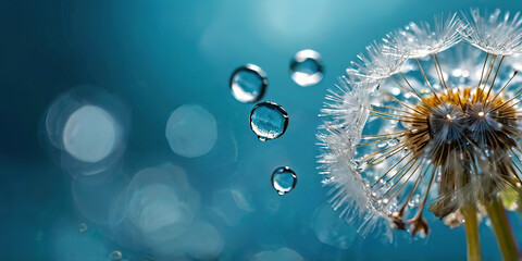 Fototapeta premium Droplets of water in Dandelion Seeds on blue beautiful background, Drops of sparkle on dandelion in rays of light