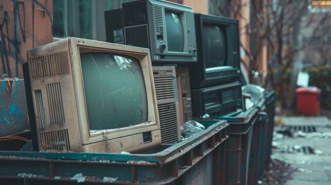 Old unused computers in a trash bin 