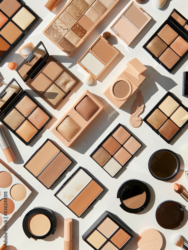 Poster A flat lay showcasing a diverse collection of contouring and highlighting palettes, arranged in an organized pattern on a white background. Generative AI