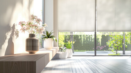 Cellular window shades in the interior of a modern house. Selective focus.