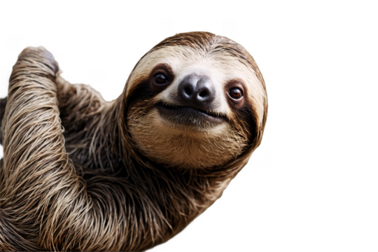 An adorable sloth hanging with a big smile, against a transparent, white background, png