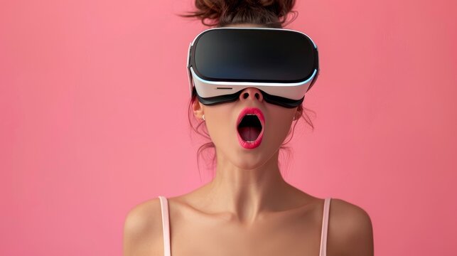 surprised woman in virtual reality glasses on pink blurred color background