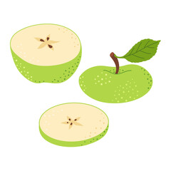 Fresh green apple slice icon. Healthy vegetarian snack, cut apple for design. Sliced on pieces apple. Hand drawn trendy flat style isolated Vector illustration