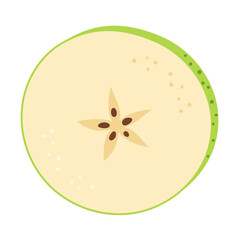 Fresh green apple slice icon. Healthy vegetarian snack, cut apple for design. Sliced on pieces apple. Hand drawn trendy flat style isolated Vector illustration