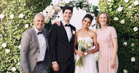 Wedding, couple and parents at celebration with portrait, support and family at venue. Bride, groom...