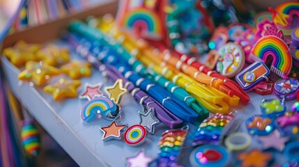 Obraz premium A rainbow flag is displayed with a variety of colorful beads and trimmings