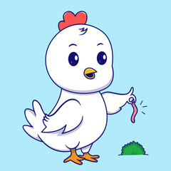 Cute Chicken Holding Worm Cartoon Vector Icon Illustration