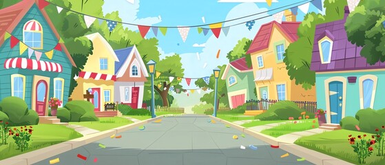 Cartoon illustration of a neighborhood block party with patriotic decorations