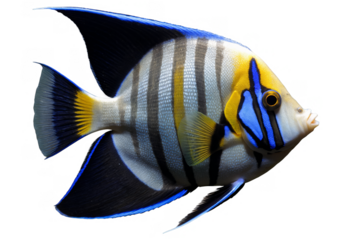 A colorful angel fish is displayed with an exquisite detail against a transparent, white background, png, ideal for aquatic themes