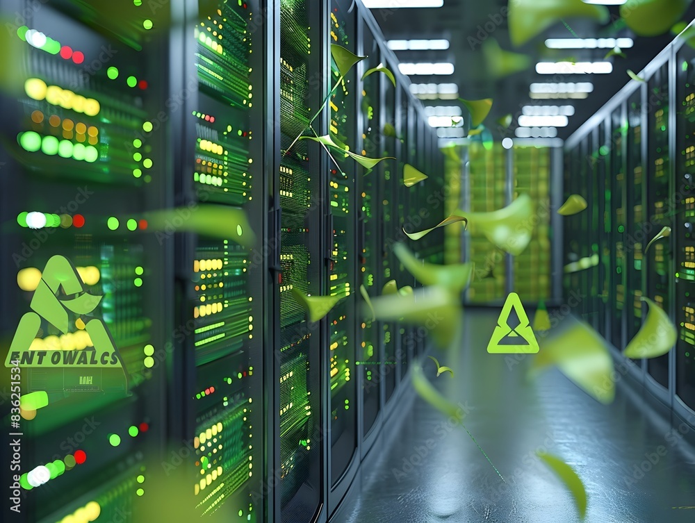 Poster energy efficient data storage system with green themes in modern architecture