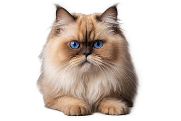 A rear view of a fluffy cat sitting, with a transparent box over its head on a white background, png
