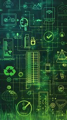 Obraz premium Eco Friendly Data Center Blueprint Digital with Green Designs and Sustainable Symbols