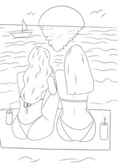 Deux amie regardant un coucher de soleil a la mer, vacance d'été 