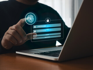 Digital fingerprint scan icon scanning by businessman hand on login on page website virtual screen from laptop computer. Biometrics identification, cyber security data protection technology concept.